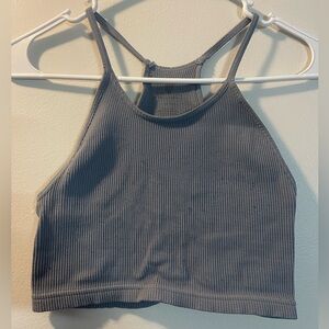 Ribbed High Neck Cropped Tank - Slate Gray